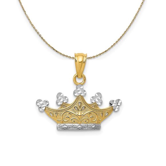 14k Yellow Gold and Rhodium Diamond Cut Crown Necklace - 18 Inch